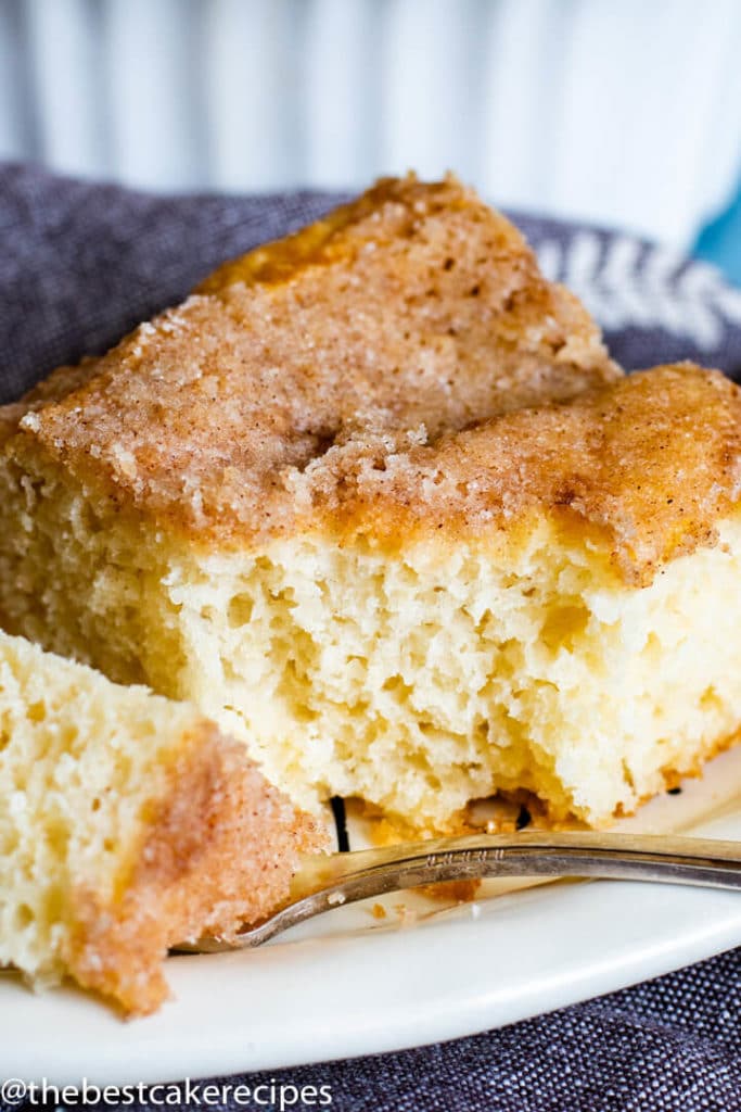 close up of cinnamon sugar topped cake on a plate with bite on fork