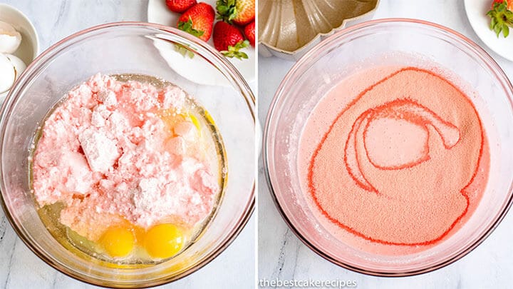 strawberry cake with cake mix and jello in mixing bowl
