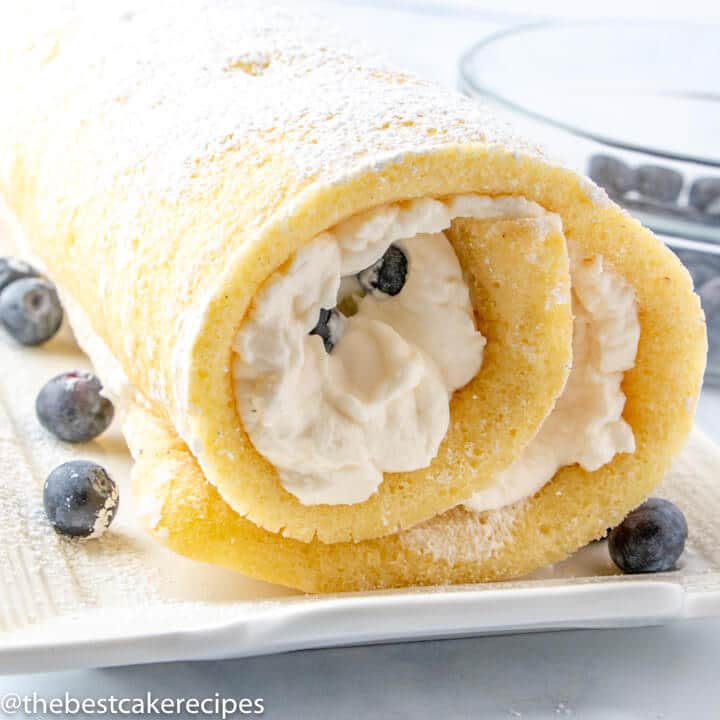 whole cake roll with blueberries on a serving plate