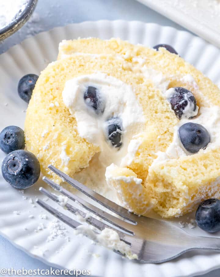 slice of Blueberry Lemon Cake Roll on a plate