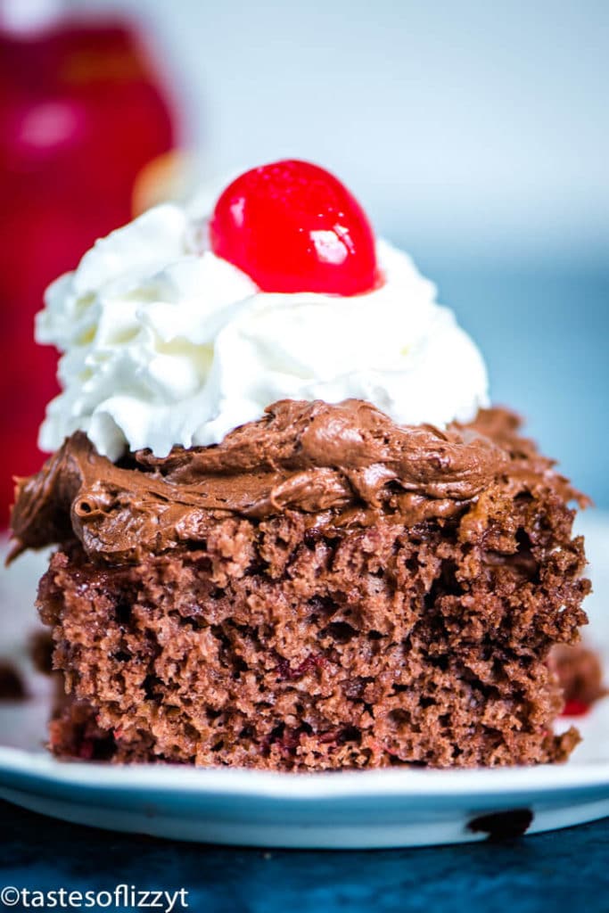 frosted chocolate cherry cake with whipped cream on a plate