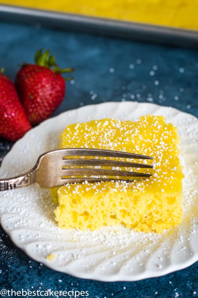 4 Ingredient Lemon Cake on a plate with a fork
