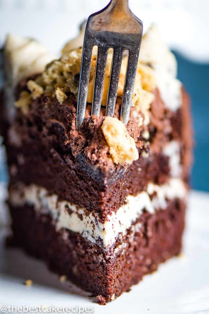 Chocolate Chip Cookie Dough Cake on a plate with fork