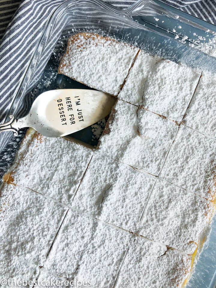 overhead shot of cake with piece missing