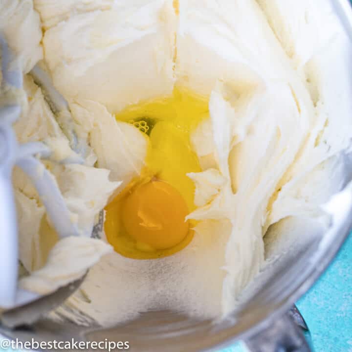 creamed butter and eggs in a mixing bowl