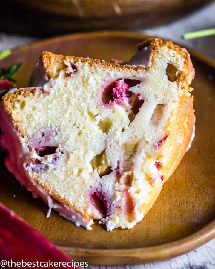 slice of Strawberry Rhubarb Bundt Cake on a plate