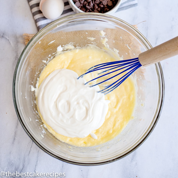cake batter in a bowl with whisk