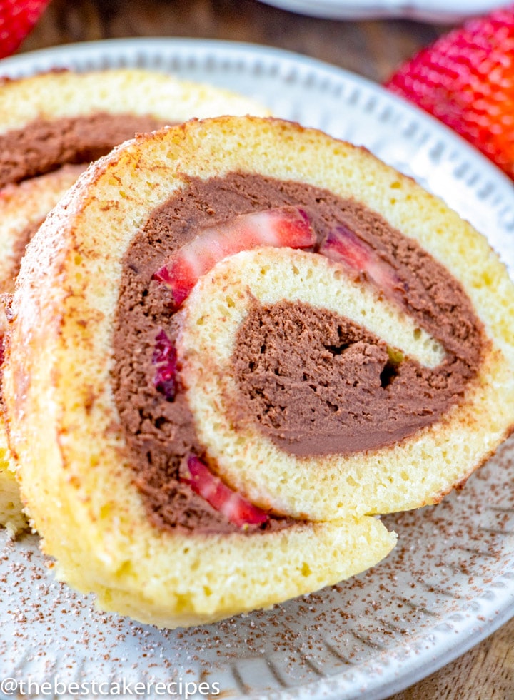 close up of slice of Chocolate Strawberry Cake Roll