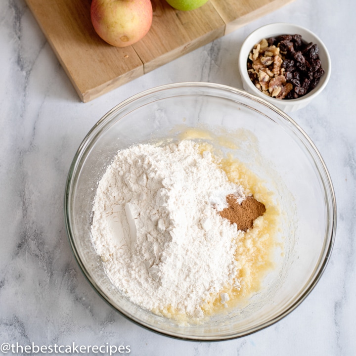 ingredients for Easy Applesauce Cake unmixed in a bowl