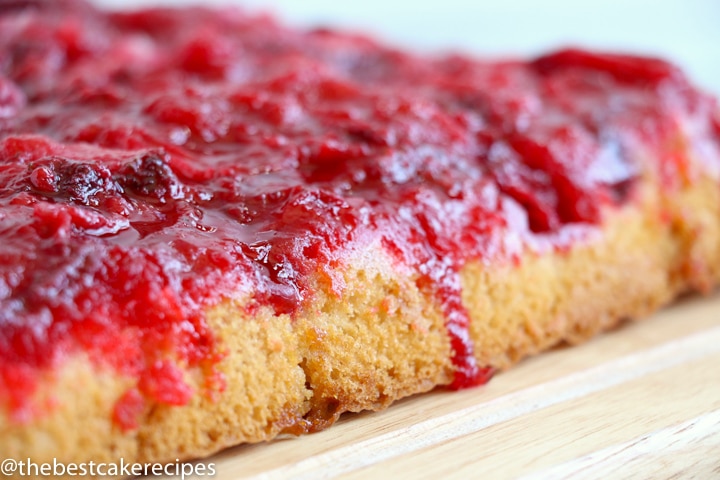 Easy Strawberry Upside Down Cake on a cake plate
