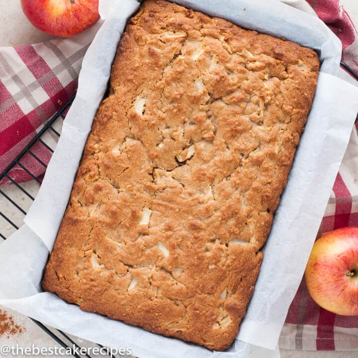unfrosted apple oatmeal snack cake in a baking pan
