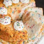 slices of funfetti angel food cake with sprinkles