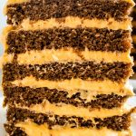 tall layered slice of Pumpkin Chocolate Torte with cream cheese filling