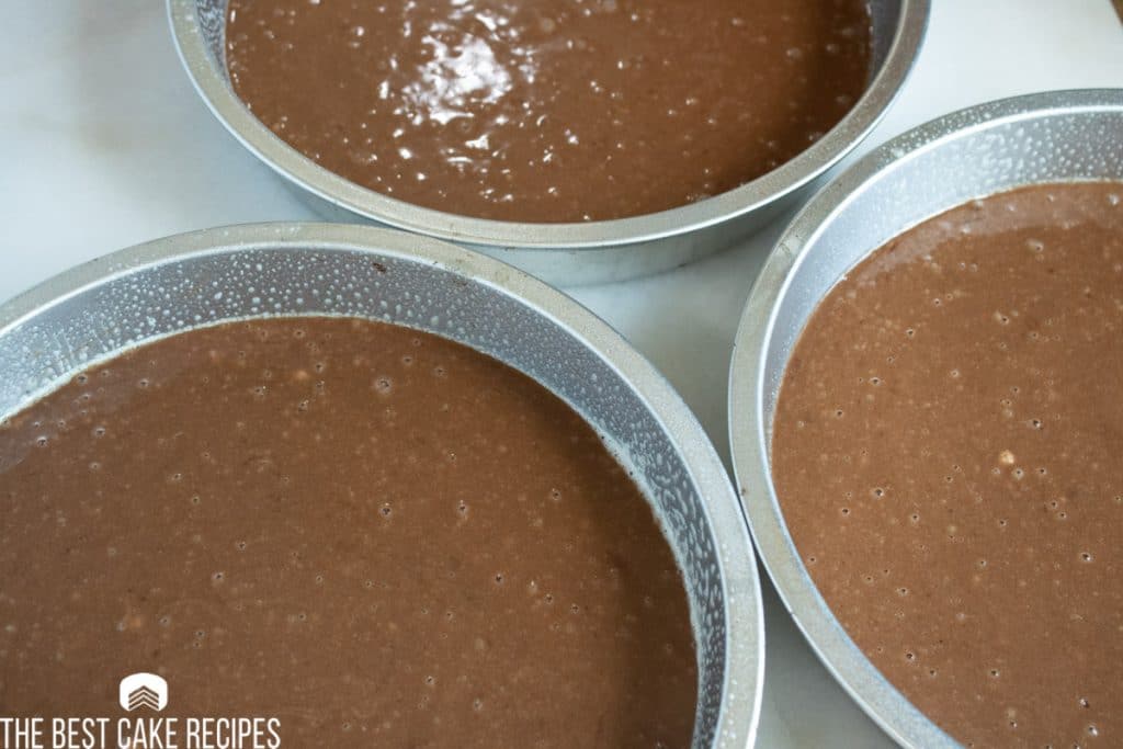 unbaked cake in cake pans