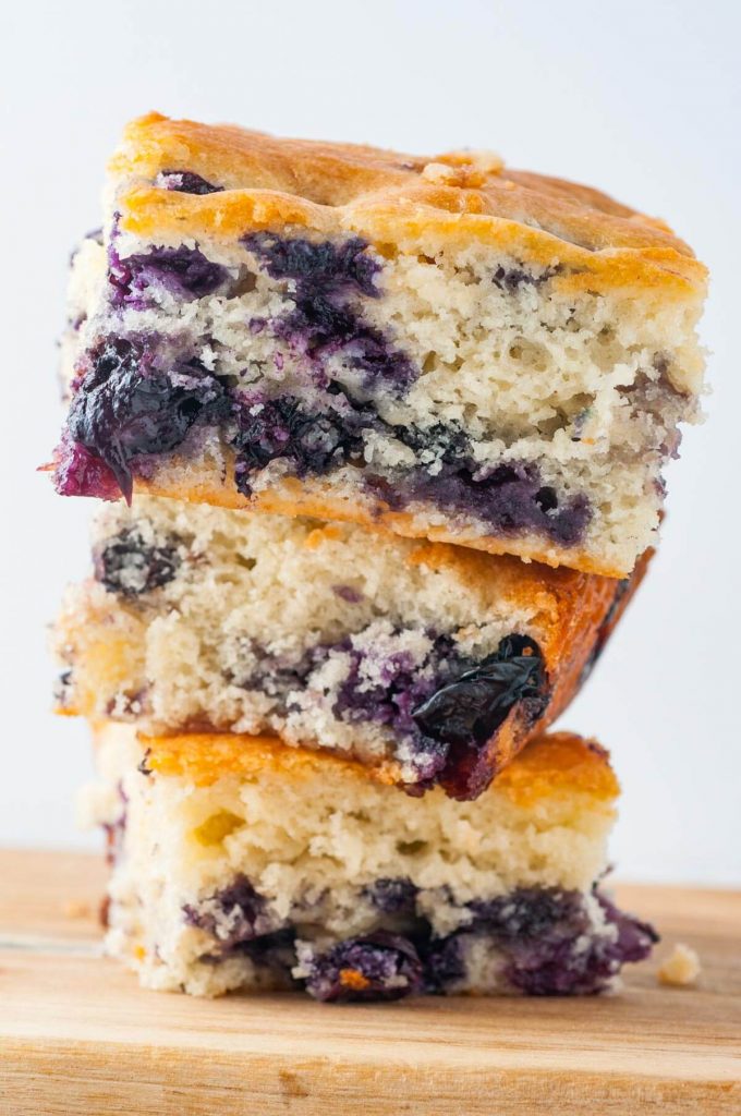 stack of 3 pieces of Buttermilk Blueberry Breakfast Cake