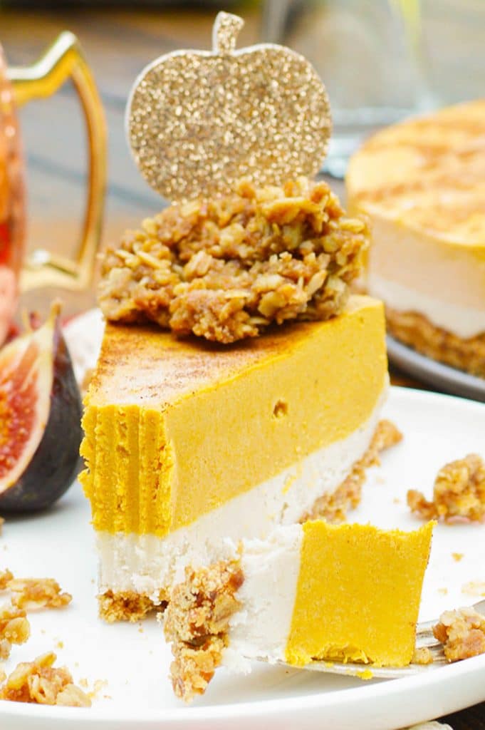 Vegan Pumpkin Pie with streusel topping on a plate