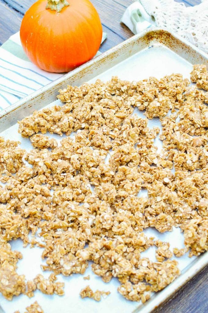 oat streusel topping on a pan