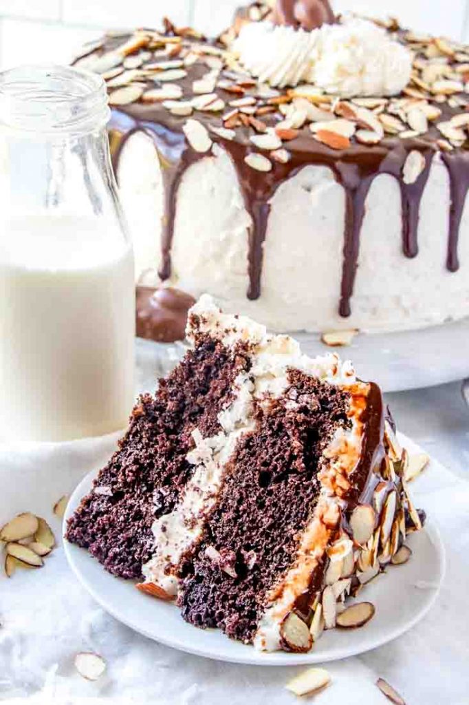 A piece of chocolate cake on a plate, with Almond Joy and butterCream