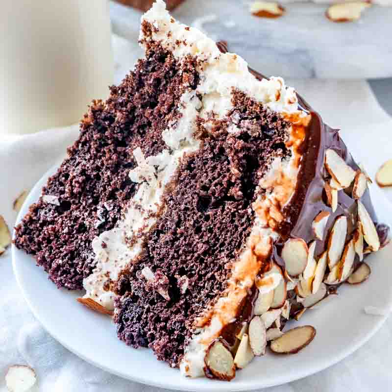 slice of chocolate cake with coconut buttercream
