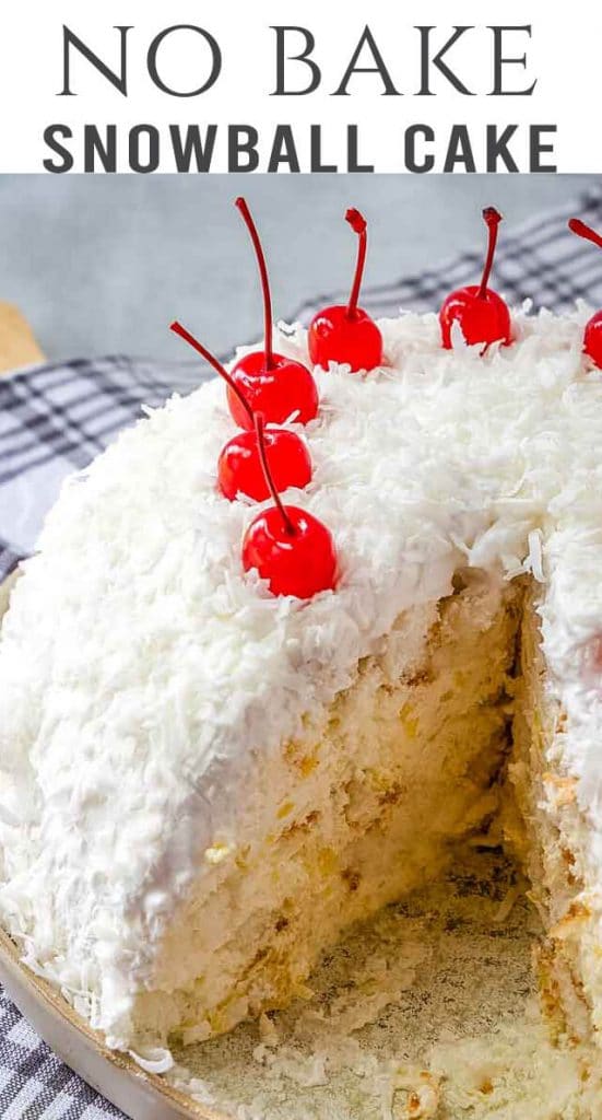A no bake dessert that sounds strange but is light, fruity and delicious! This snowball cake with angel food cake is festive for any season.