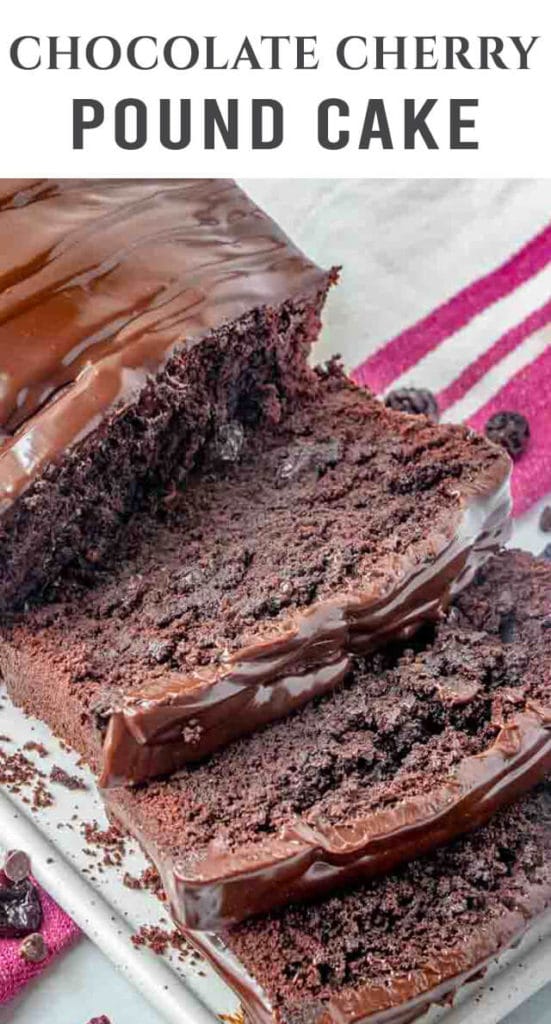 Dark, rich and sweet, this chocolate cherry pound cake recipe has a melt in your mouth chocolate ganache glaze. The recipe makes 2 loaves!