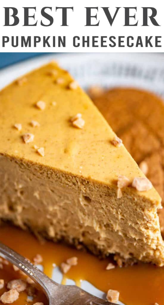 A piece of pumpkin cheesecake on a plate with caramel