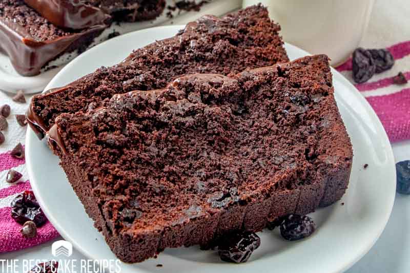 two slices of chocolate cherry pound cake