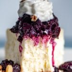 white cheesecake with blueberry topping on a plate