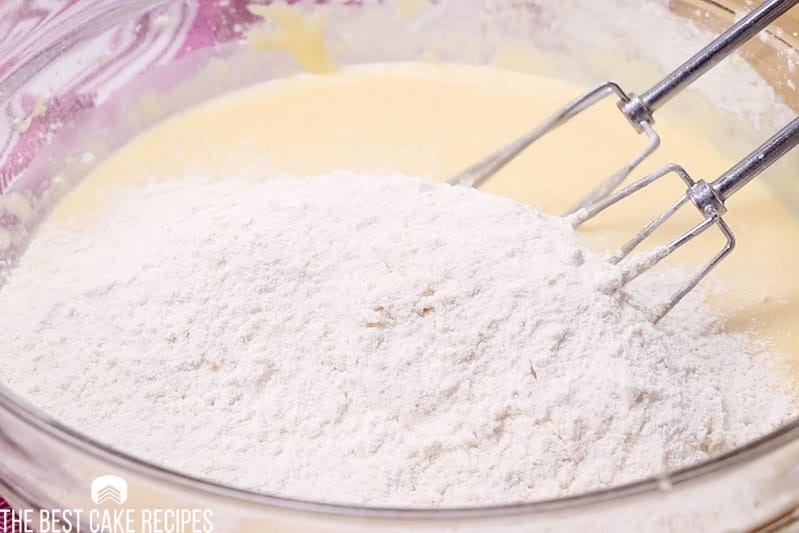 flour in cake batter in a mixing bowl