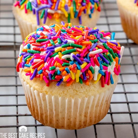 A close up of a sprinkled cupcake