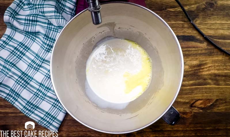 wet ingredients for cupcakes in a mixing bowl