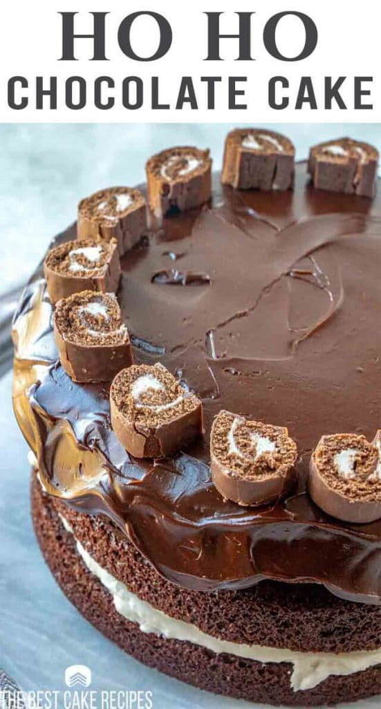 layered chocolate ho ho cake on a cake plate