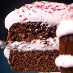 two layer chocolate peppermint cake on a spatula