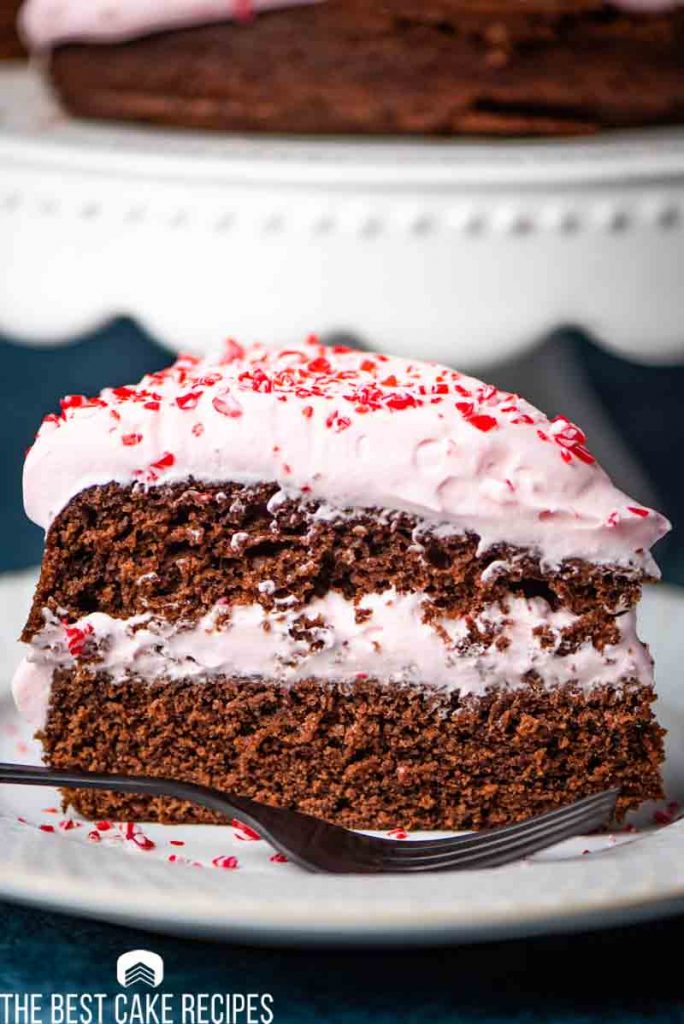 slice of peppermint chocolate cake on a plate