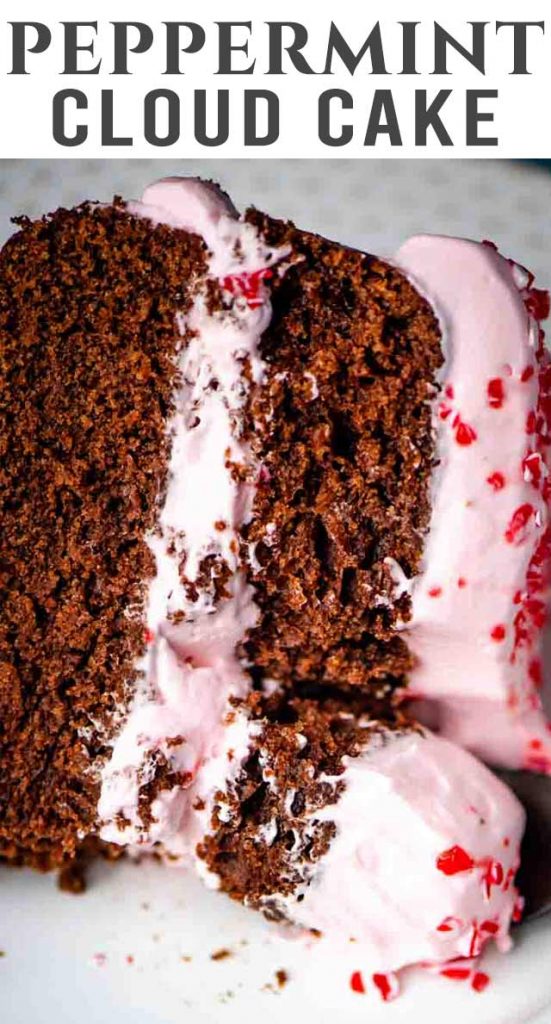 Rich chocolate layer cake with cool peppermint whipped cream. This Peppermint Cloud Cake is perfect for your Christmas dessert bar.