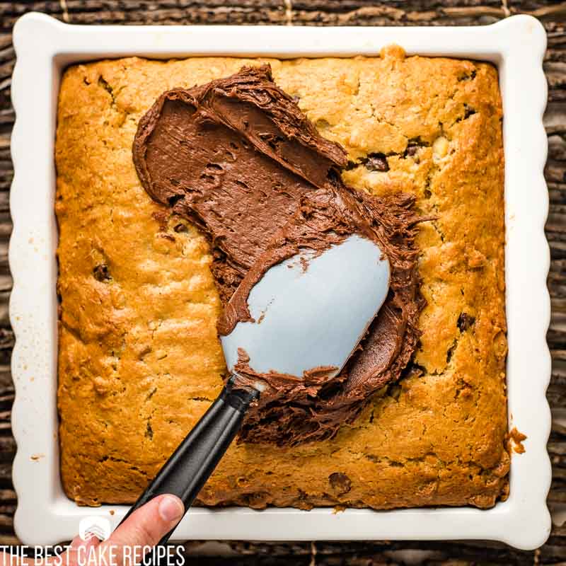 frosted chocolate chip cake with spatula