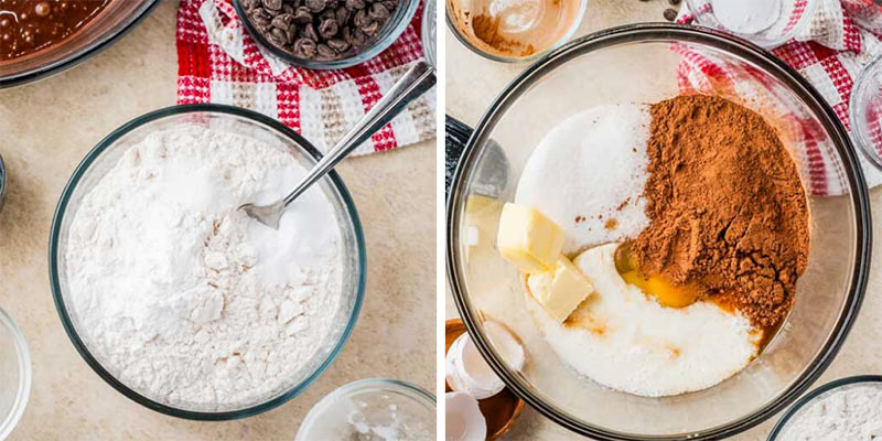 collage of cupcake ingredients in a bowl