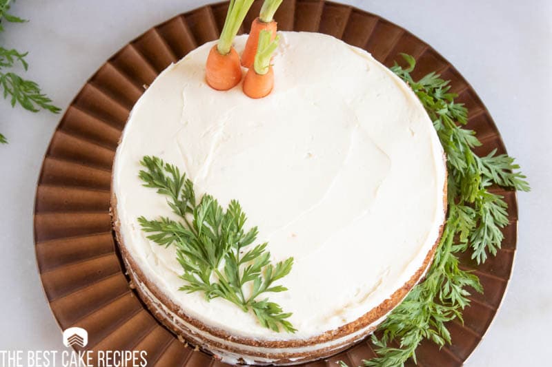 overhead view of Carrot Cake Torte with carrots on top