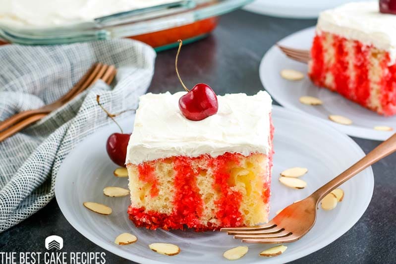 cherry Jello Poke Cake on a plate