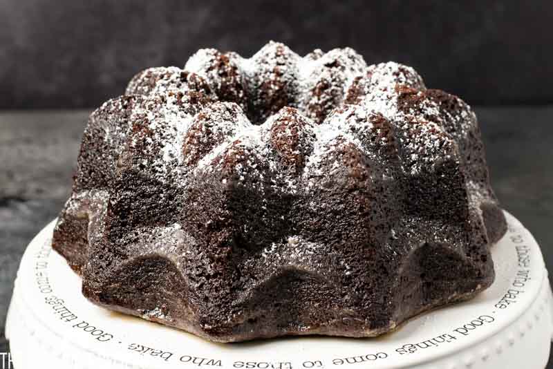 chocolate crack cake on cake plate