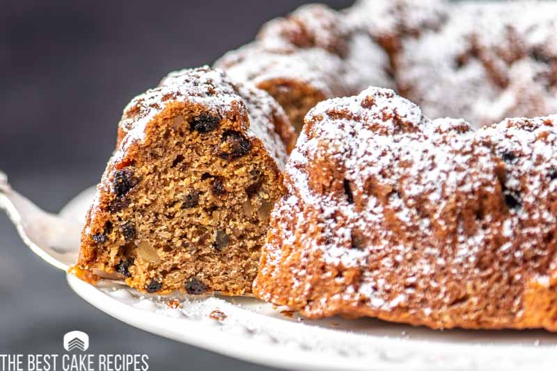 applesauce bundt cake with piece on spatula