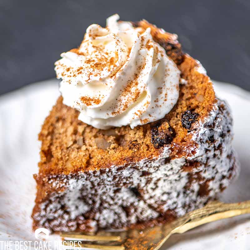 Applesauce Bundt Cake with whipped cream and cinnamon