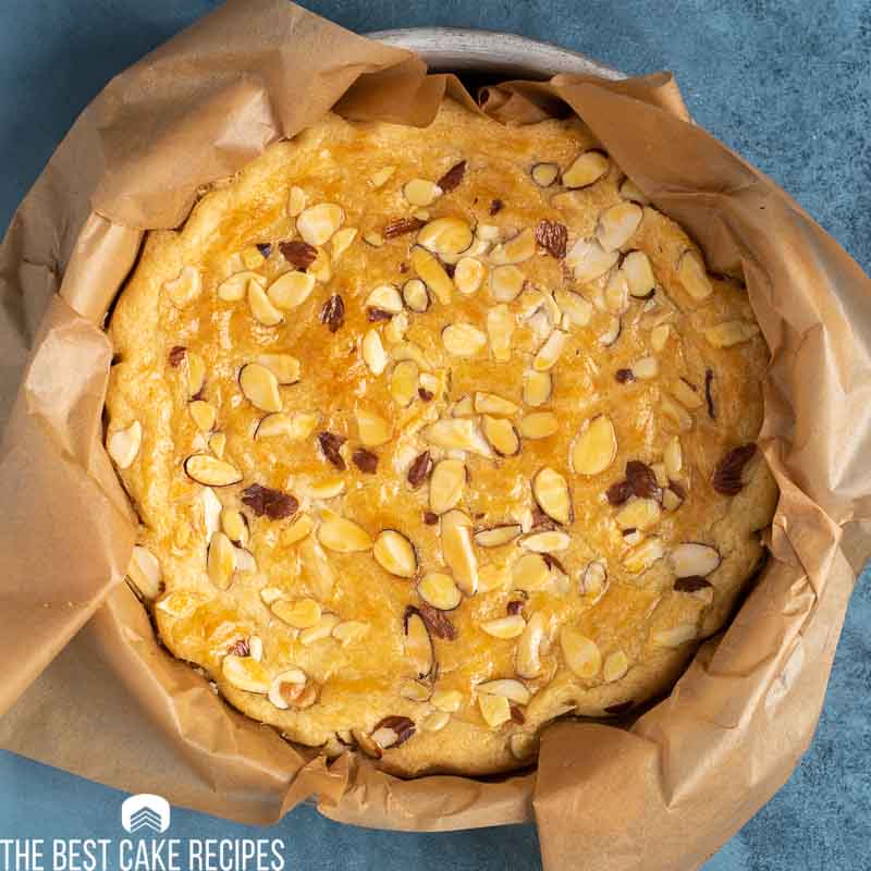 overhead view of dutch butter cake with almond