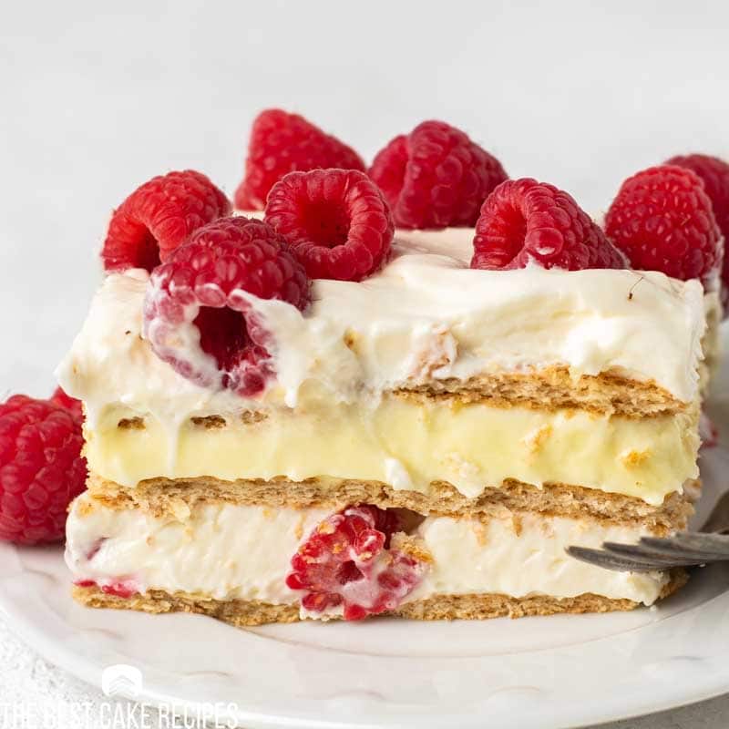 slice of raspberry lemon refrigerator cake on a plate