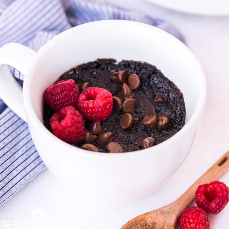 chocolate cake in a white mug