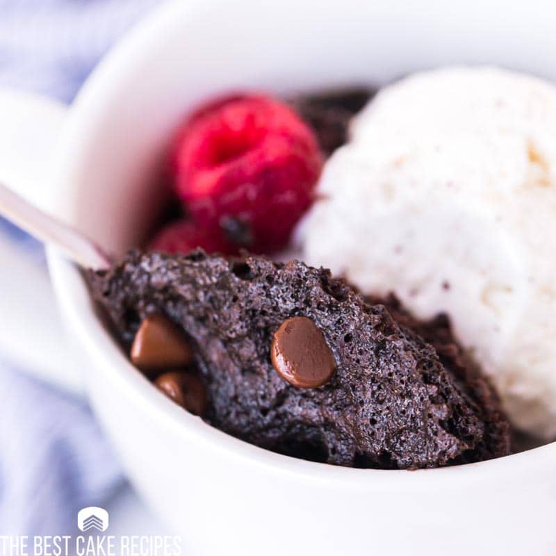 chocolate mug cake with ice cream and raspberries