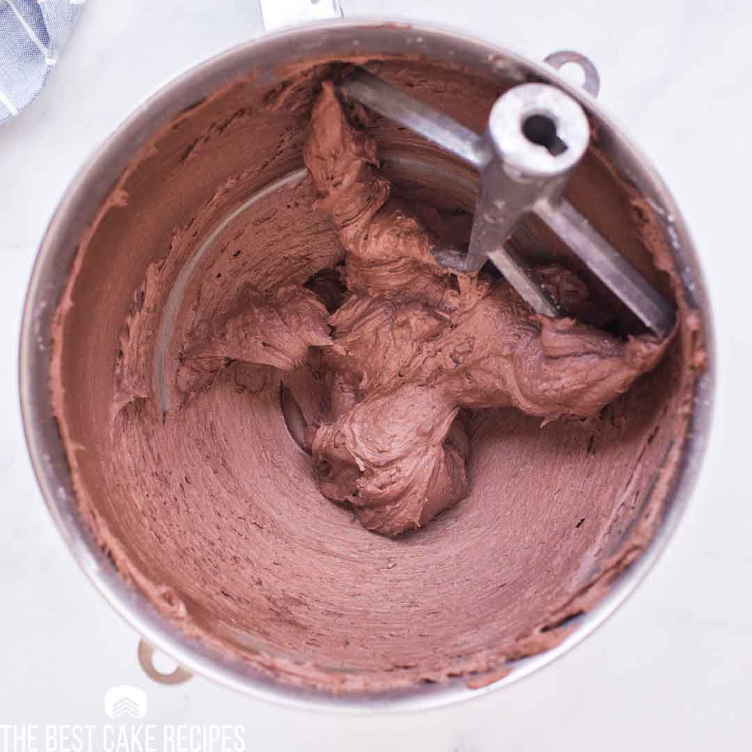 Easy Chocolate Frosting in a stand mixer bowl