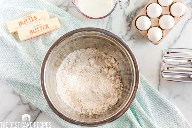 dry cake mix in a mixing bowl