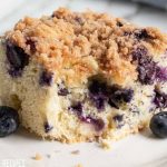 blueberry cake on a plate with a bite out
