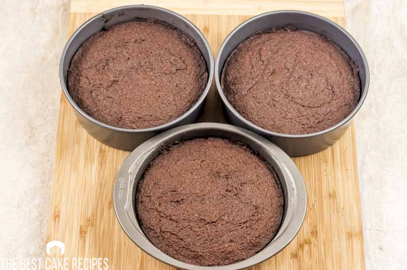 3 baked chocolate cakes in a pan
